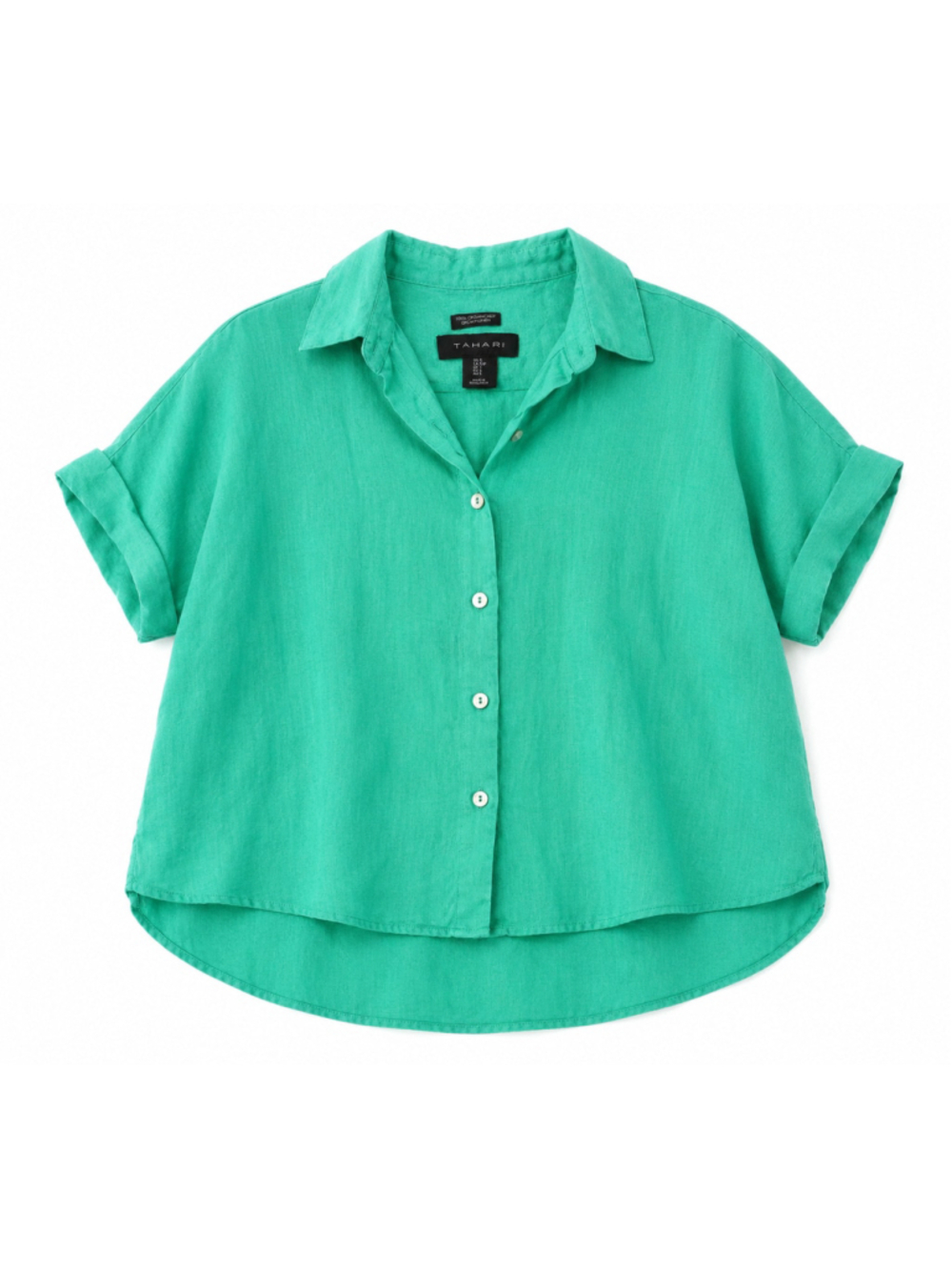 Tahari 100% Linen Button Front Shirt Green Short Sleeve Blouse Size Small - Picture 2 of 5